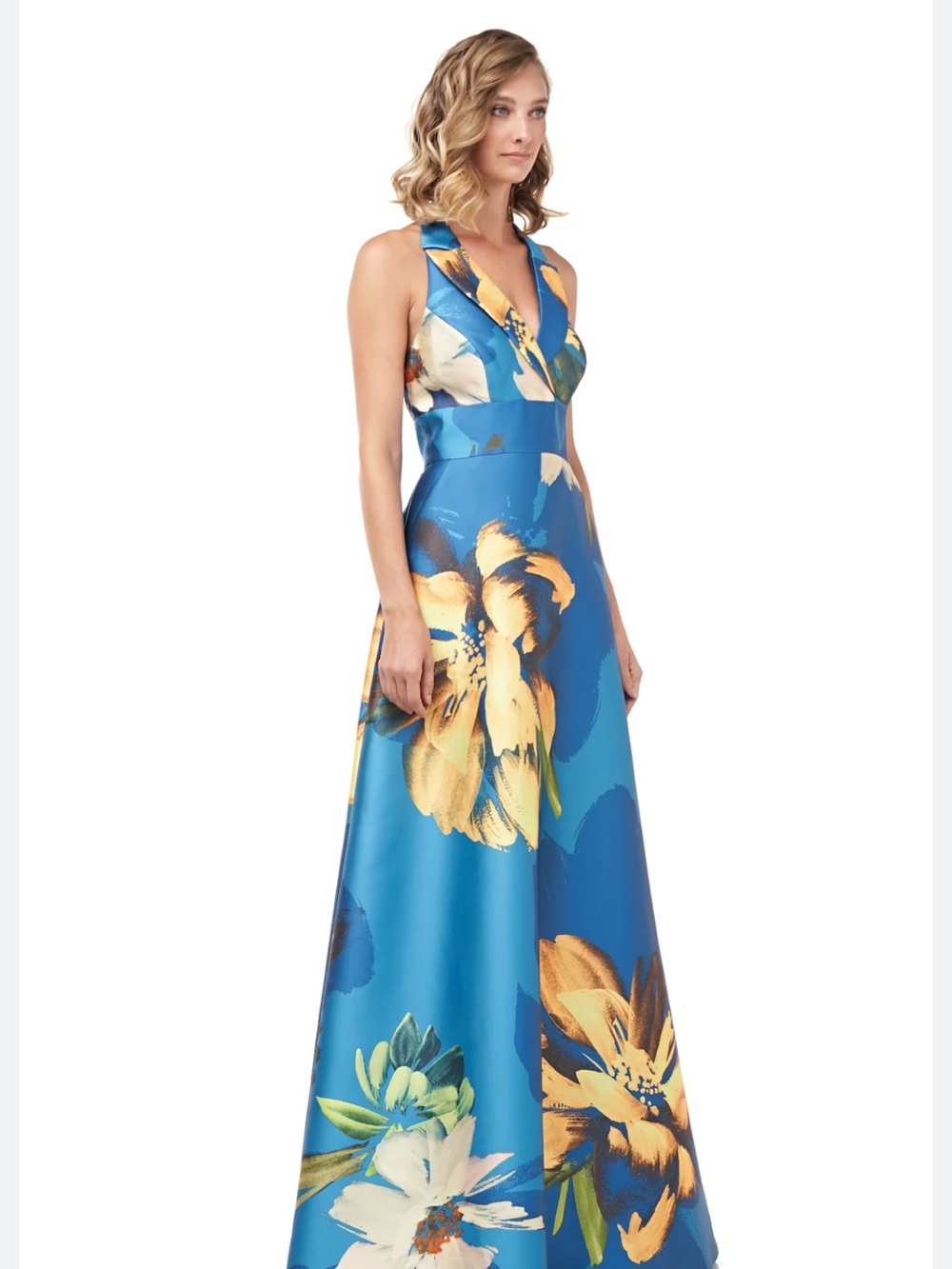 Kay Unger Teal Halter Floral Gown with Yellow Blooms Size 6